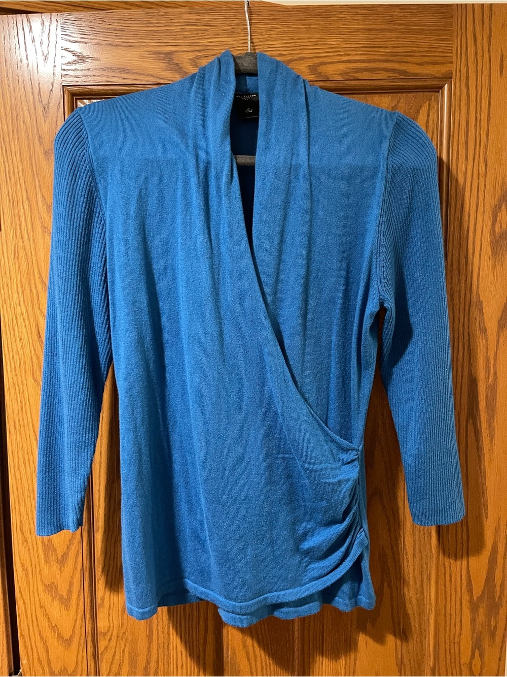 Ann Taylor teal faux wrap lightweight sweater petite large, fits M/L